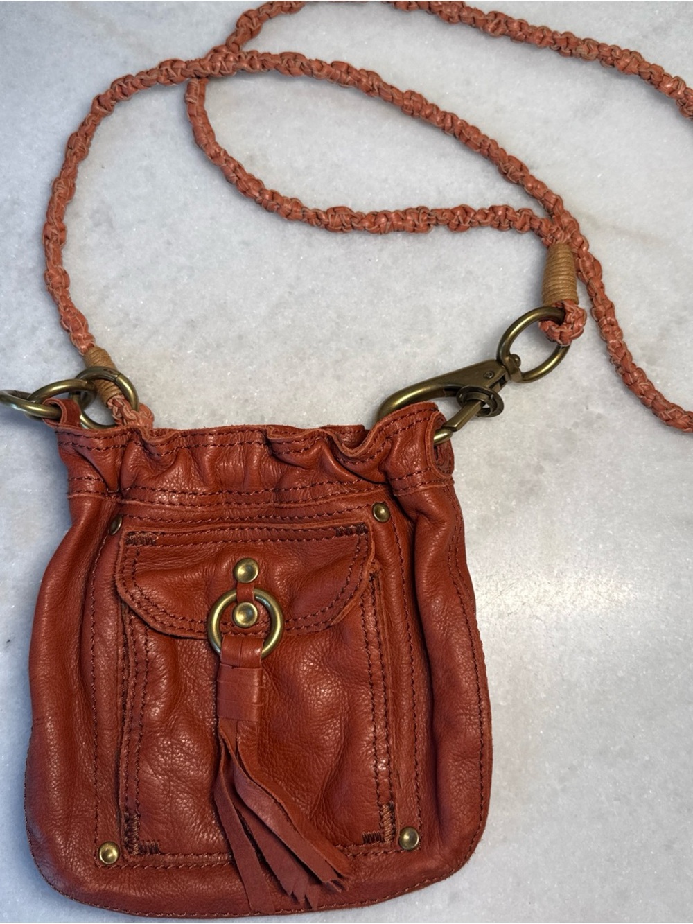 Lucky Brand Tan Brown Braided Leather Crossbody Boho Festival Purse Bag Read